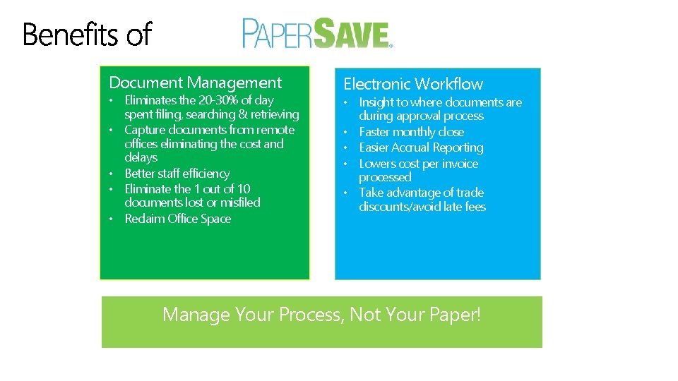 Document Management • Eliminates the 20 -30% of day • • spent filing, searching Document Management • Eliminates the 20 -30% of day • • spent filing, searching