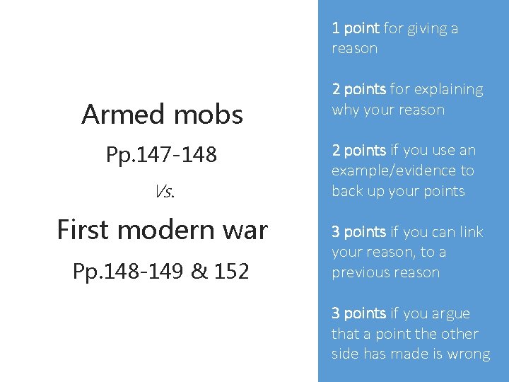 1 point for giving a reason Armed mobs Pp. 147 -148 Vs. First modern