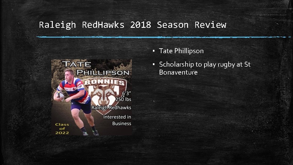 Raleigh Red. Hawks 2018 Season Review ▪ Tate Phillipson ▪ Scholarship to play rugby