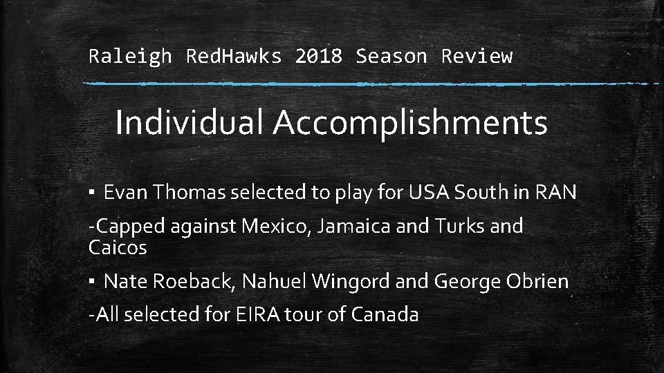 Raleigh Red. Hawks 2018 Season Review Individual Accomplishments ▪ Evan Thomas selected to play