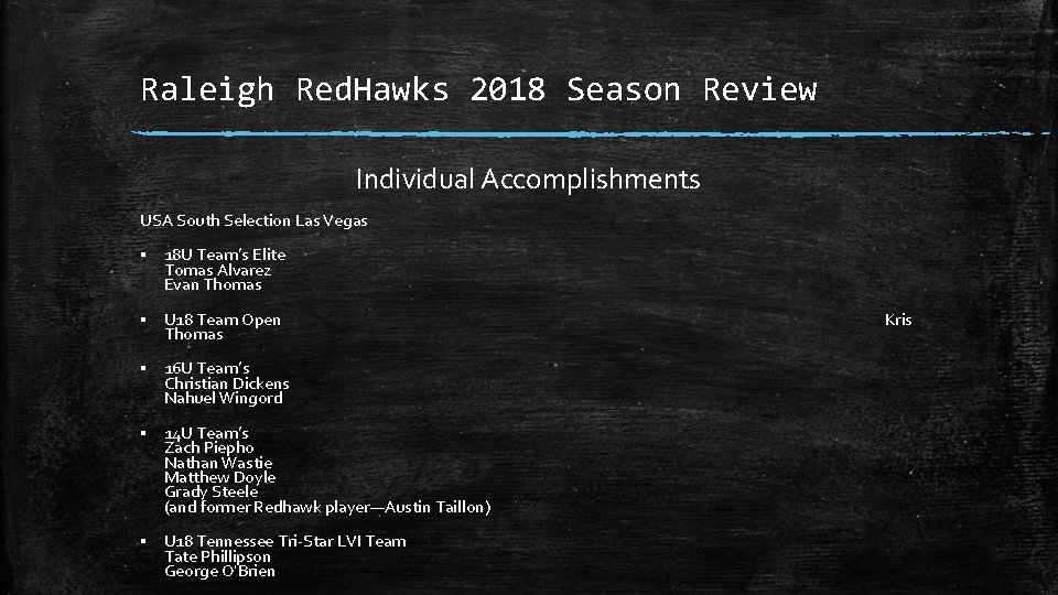 Raleigh Red. Hawks 2018 Season Review Individual Accomplishments USA South Selection Las Vegas ▪