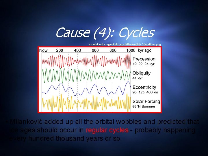 Cause (4): Cycles en. wikipedia. org/wiki/Image: Milankovitch_Variations. png • Milanković added up all the
