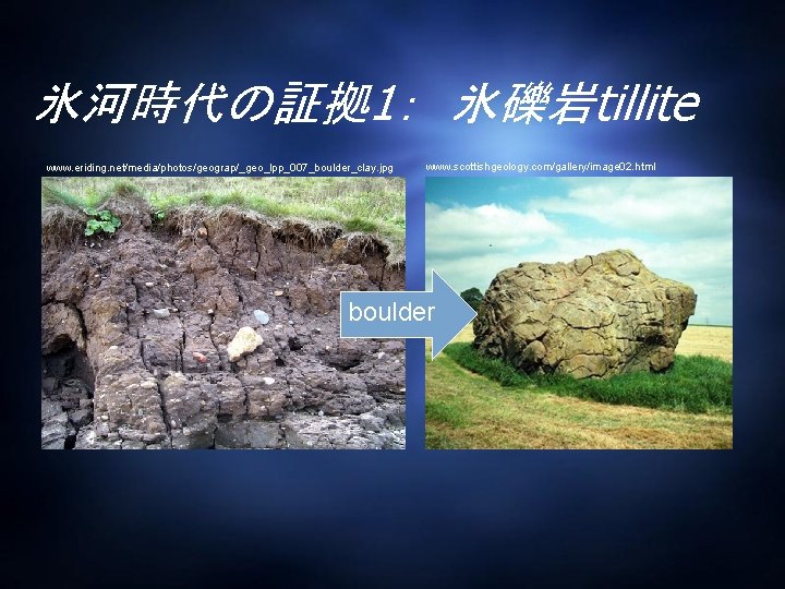 氷河時代の証拠 1： 氷礫岩tillite www. eriding. net/media/photos/geograp/_geo_lpp_007_boulder_clay. jpg www. scottishgeology. com/gallery/image 02. html boulder 