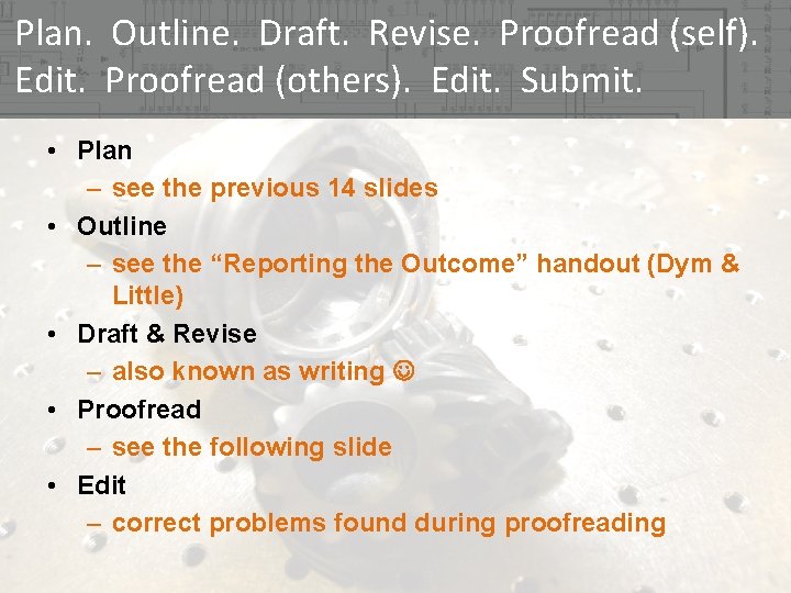 Plan. Outline. Draft. Revise. Proofread (self). Edit. Proofread (others). Edit. Submit. • Plan –