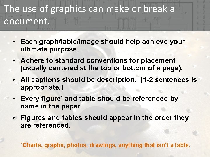 The use of graphics can make or break a document. • Each graph/table/image should