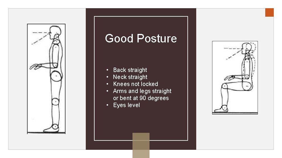 Good Posture • • Back straight Neck straight Knees not locked Arms and legs