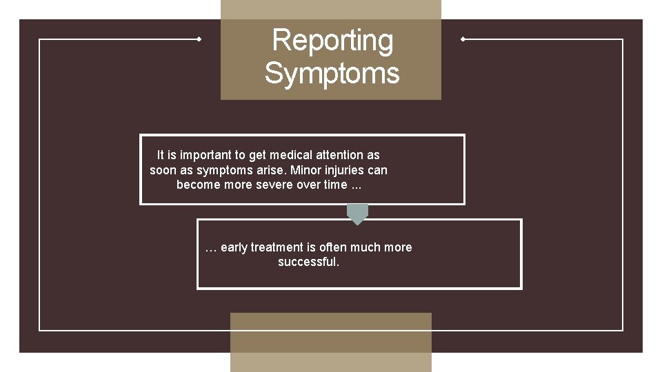 Reporting Symptoms It is important to get medical attention as soon as symptoms arise.