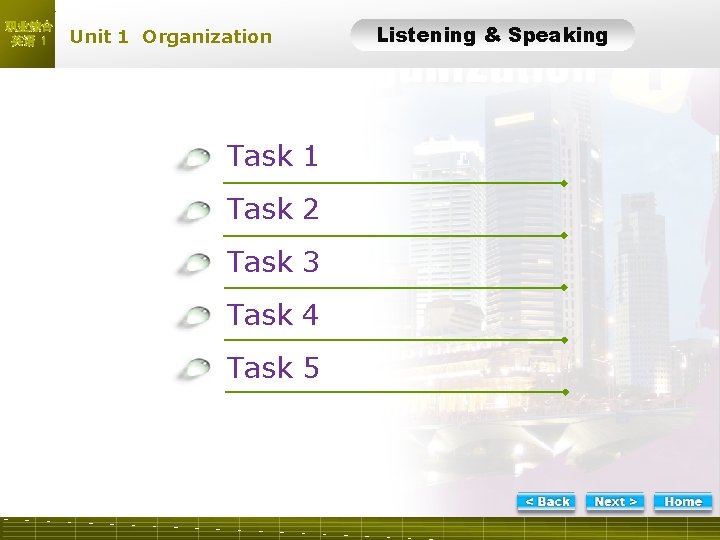 职业综合 英语 1 Unit 1 Organization Task 1 Task 2 Task 3 Task 4