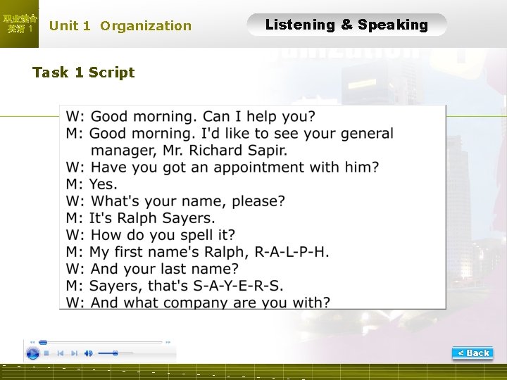 职业综合 英语 1 Unit 1 Organization Task 1 Script L-1 Scrip t Listening &