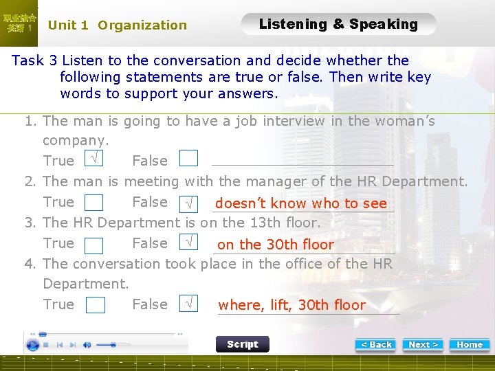 职业综合 英语 1 Unit 1 Organization Listening & Speaking LTask 3 Listen to the