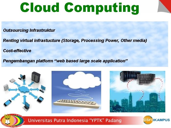 Cloud Computing Outsourcing Infrastruktur Renting virtual infrastucture (Storage, Processing Power, Other media) Cost-effective Pengembangan