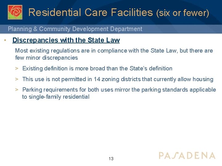 Residential Care Facilities (six or fewer) Planning & Community Development Department • Discrepancies with