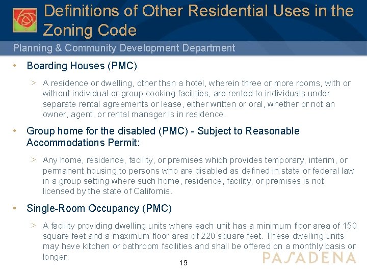 Definitions of Other Residential Uses in the Zoning Code Planning & Community Development Department