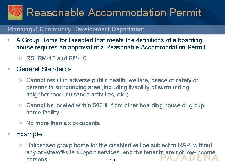 Reasonable Accommodation Permit Planning & Community Development Department • A Group Home for Disabled