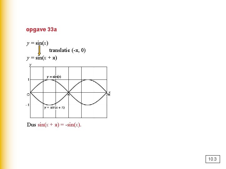 opgave 33 a y = sin(x) translatie (-π, 0) y = sin(x + π)