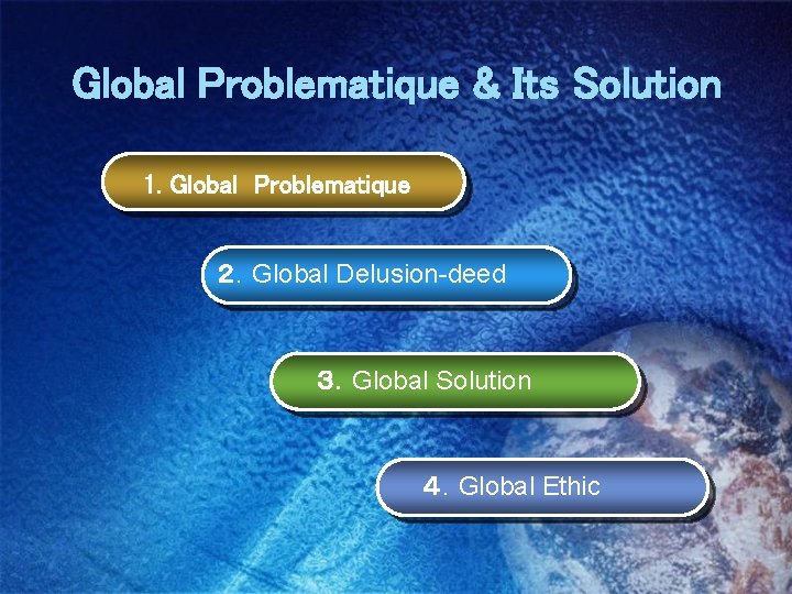 Global Problematique & Its Solution 1. Global Problematique ２．Global Delusion-deed ３．Global Solution ４．Global Ethic