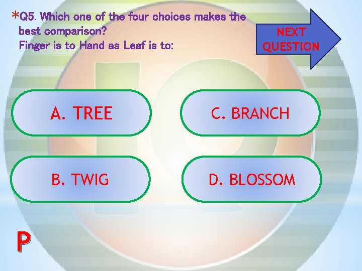 *Q 5. Which one of the four choices makes the best comparison? Finger is