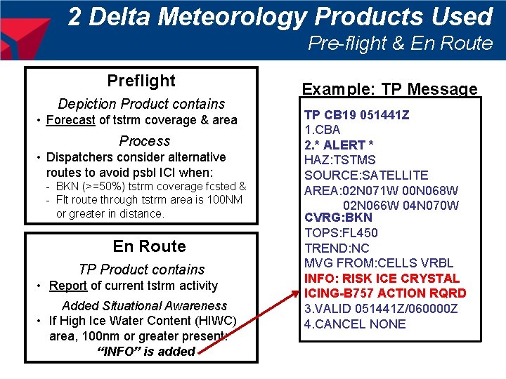 2 Delta Meteorology Products Used Pre-flight & En Route Preflight Depiction Product contains •