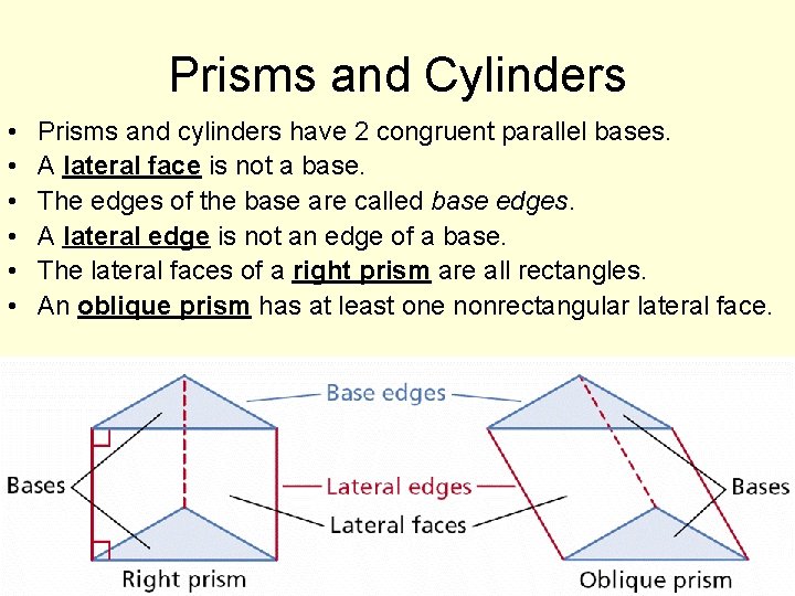 Prisms and Cylinders • • • Prisms and cylinders have 2 congruent parallel bases.