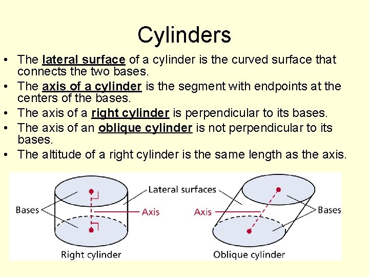 Cylinders • The lateral surface of a cylinder is the curved surface that connects