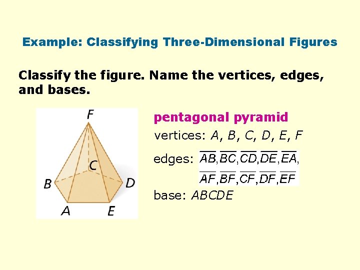 Example: Classifying Three-Dimensional Figures Classify the figure. Name the vertices, edges, and bases. pentagonal