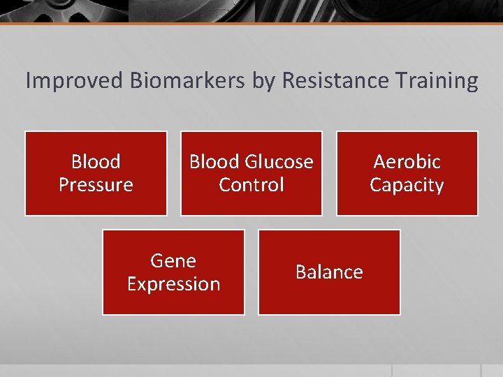 Improved Biomarkers by Resistance Training Blood Pressure Blood Glucose Control Gene Expression Balance Aerobic