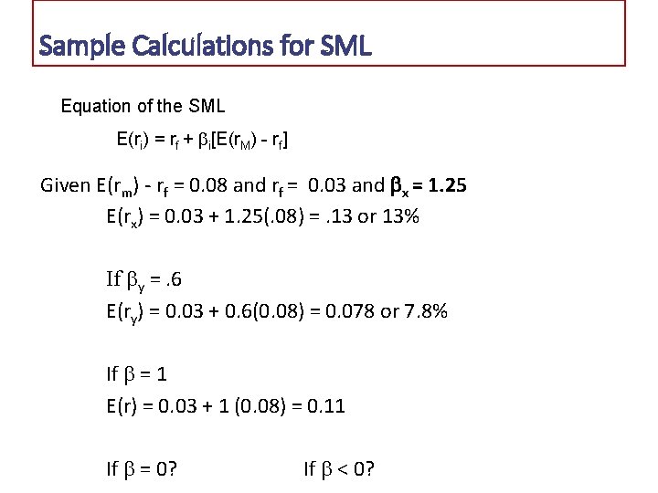 Sample Calculations for SML Equation of the SML E(ri) = rf + i[E(r. M)