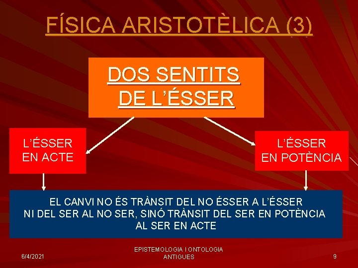 FÍSICA ARISTOTÈLICA (3) DOS SENTITS DE L’ÉSSER EN ACTE L’ÉSSER EN POTÈNCIA EL CANVI