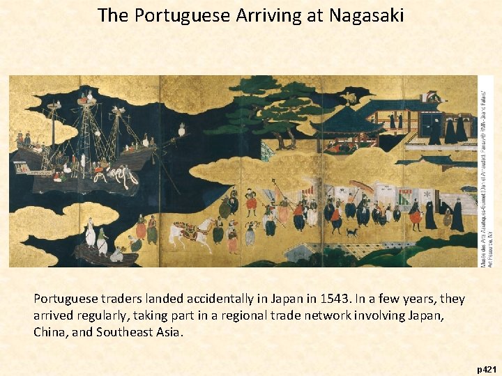 The Portuguese Arriving at Nagasaki Portuguese traders landed accidentally in Japan in 1543. In
