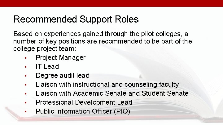 Recommended Support Roles Based on experiences gained through the pilot colleges, a number of