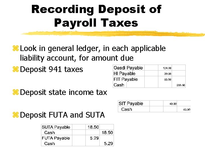 Recording Deposit of Payroll Taxes z Look in general ledger, in each applicable liability