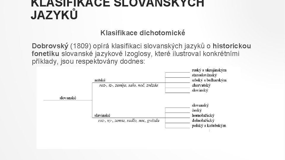 KLASIFIKACE SLOVANSKÝCH JAZYKŮ Klasifikace dichotomické Dobrovský (1809) opírá klasifikaci slovanských jazyků o historickou fonetiku