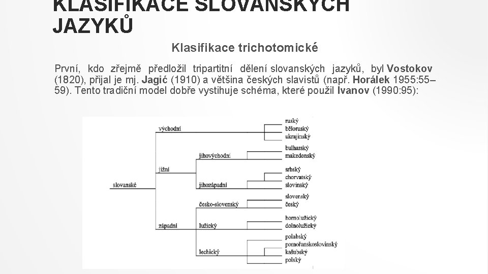 KLASIFIKACE SLOVANSKÝCH JAZYKŮ Klasifikace trichotomické První, kdo zřejmě předložil tripartitní dělení slovanských jazyků, byl