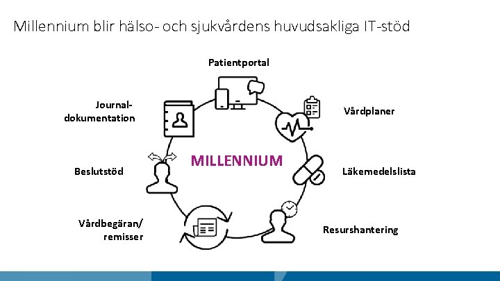 Millennium blir hälso- och sjukvårdens huvudsakliga IT-stöd Patientportal Journaldokumentation Beslutstöd Vårdbegäran/ remisser Vårdplaner MILLENNIUM