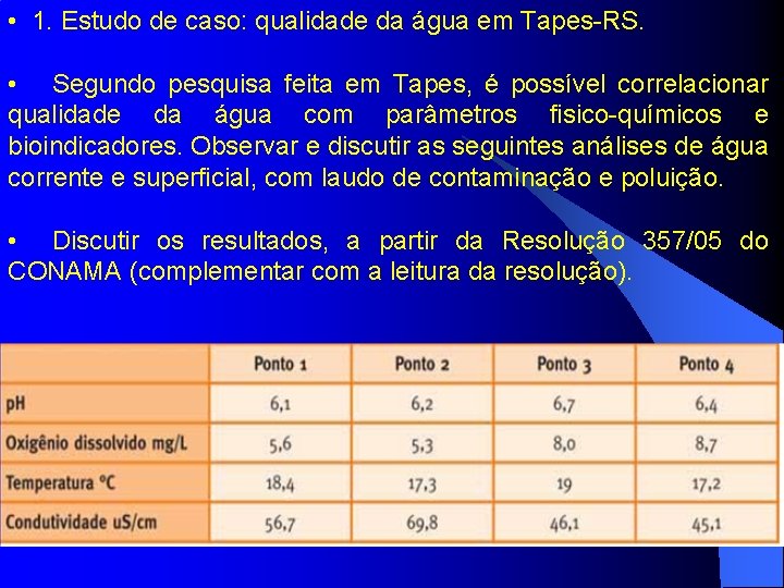  • 1. Estudo de caso: qualidade da água em Tapes-RS. • Segundo pesquisa