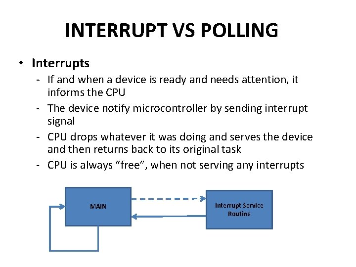 INTERRUPT VS POLLING • Interrupts - If and when a device is ready and