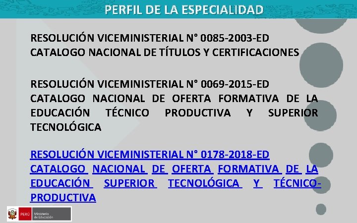 PERFIL DE LA ESPECIALIDAD RESOLUCIÓN VICEMINISTERIAL N° 0085 -2003 -ED CATALOGO NACIONAL DE TÍTULOS