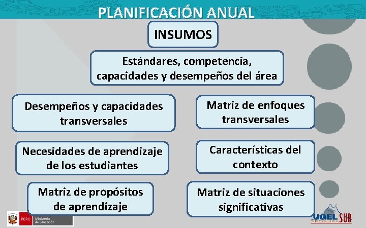 PLANIFICACIÓN ANUAL INSUMOS Estándares, competencia, capacidades y desempeños del área Desempeños y capacidades transversales