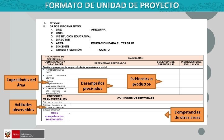 FORMATO DE UNIDAD DE PROYECTO Capacidades del área Actitudes observables Desempeños precisados Evidencias o