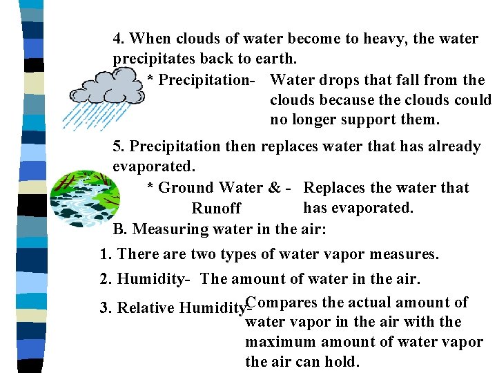 4. When clouds of water become to heavy, the water precipitates back to earth.