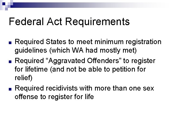 Federal Act Requirements ■ ■ ■ Required States to meet minimum registration guidelines (which