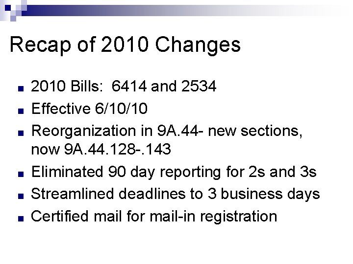 Recap of 2010 Changes ■ ■ ■ 2010 Bills: 6414 and 2534 Effective 6/10/10