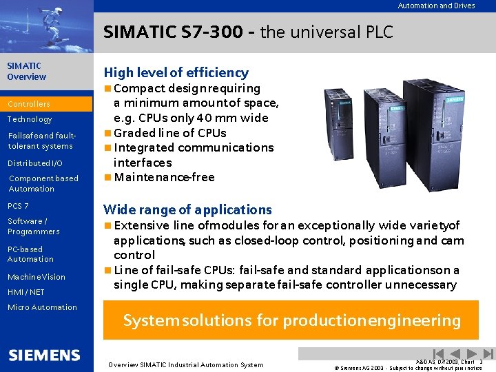 Automation and Drives SIMATIC S 7 -300 - the universal PLC SIMATIC Overview Controllers