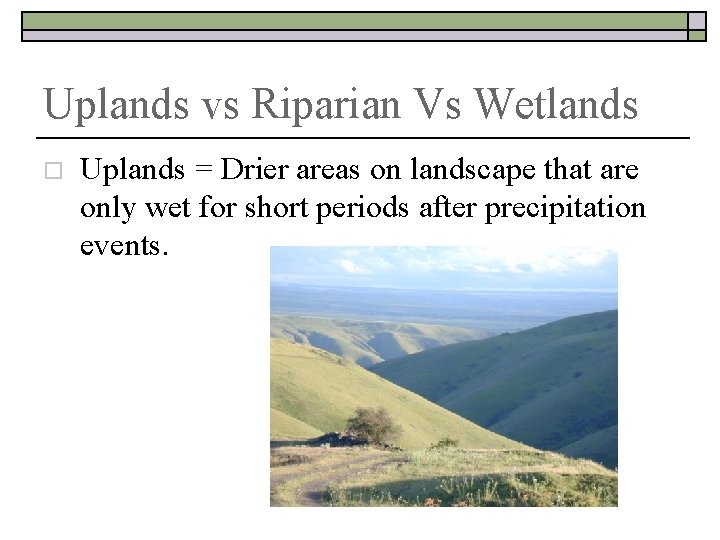 Uplands vs Riparian Vs Wetlands o Uplands = Drier areas on landscape that are