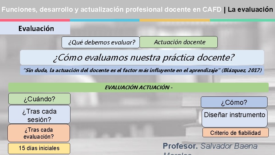 Funciones, desarrollo y actualización profesional docente en CAFD | La evaluación Evaluación ¿Qué debemos