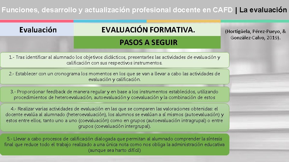 Funciones, desarrollo y actualización profesional docente en CAFD | La evaluación EVALUACIÓN FORMATIVA. PASOS
