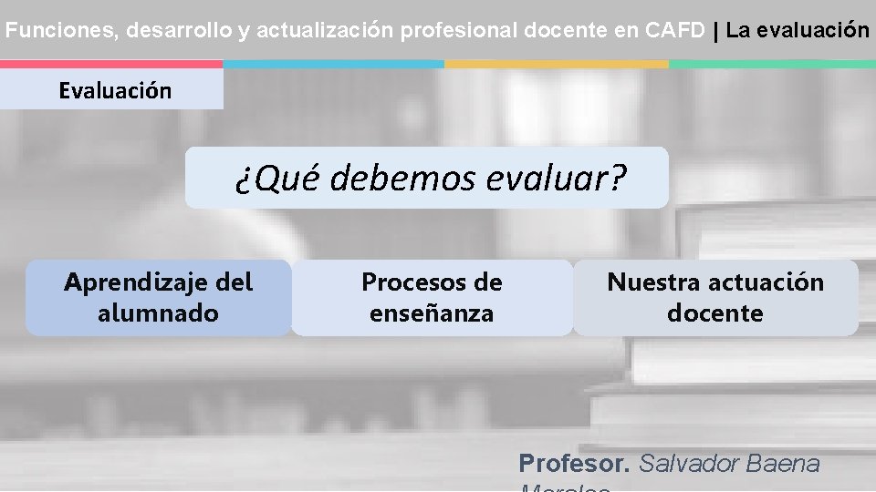 Funciones, desarrollo y actualización profesional docente en CAFD | La evaluación Evaluación ¿Qué debemos