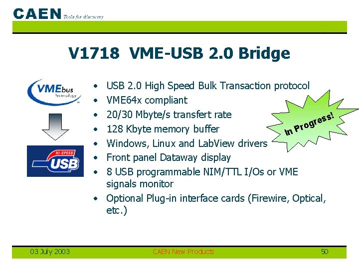 V 1718 VME-USB 2. 0 Bridge • • USB 2. 0 High Speed Bulk