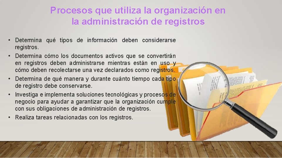 Procesos que utiliza la organización en la administración de registros • Determina qué tipos