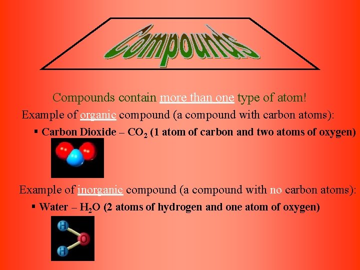 Compounds contain more than one type of atom! Example of organic compound (a compound